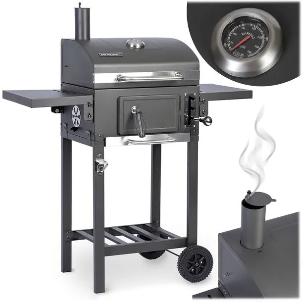 GRILL WĘGLOWY OGRODOWY KOMIN ŻELIWNY RUSZT Z POKRYWĄ POPIELNIK + TERMOMETR