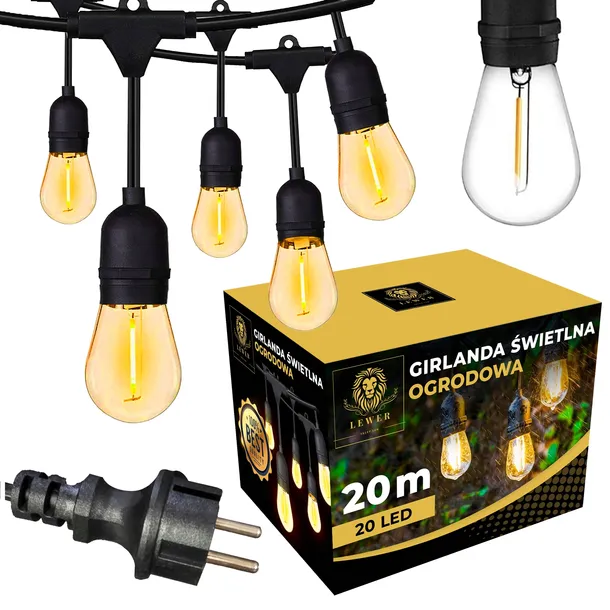 GIRLANDA ŚWIETLNA OGRODOWA 20m Żarówki 20 LED Zewnętrzna Lampki Ogrodowe
