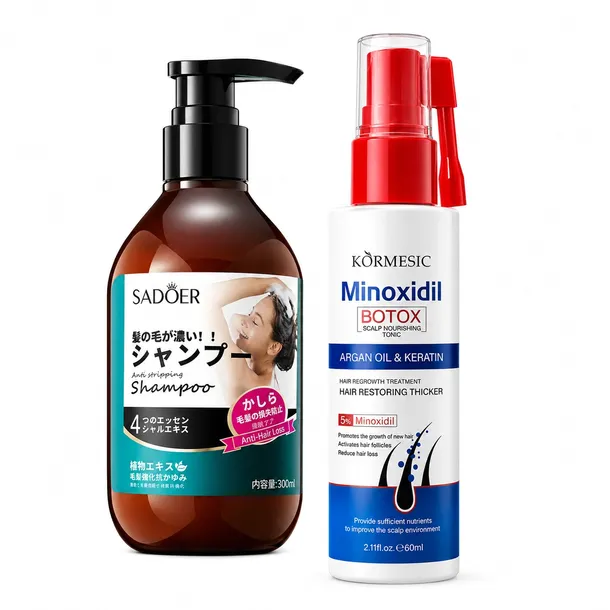 Kormesic Minoxidil 5% Biotin Essence Water wcierka wspiera odrastanie włosów + szampon 300 ml