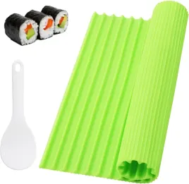 mata-do-sushi-silikonowa-z-lyzka-do-ryzu-zestaw-do-rolkowania-zielony