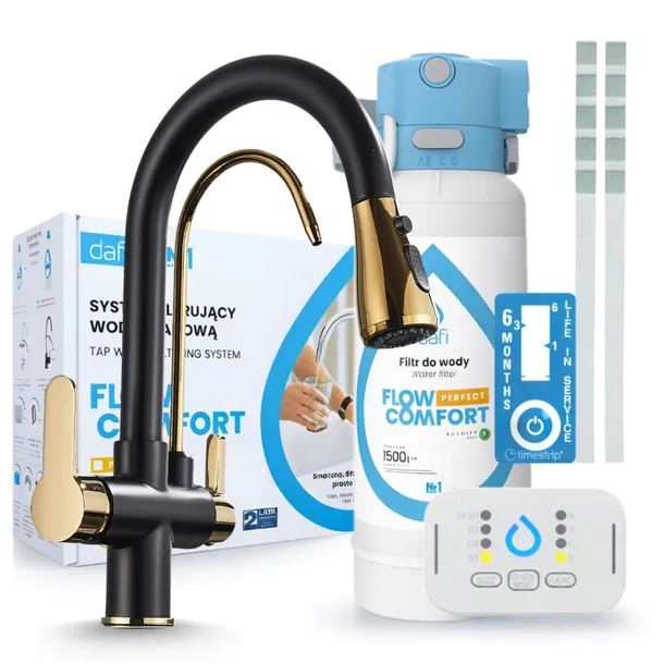 FILTR POD ZLEW DAFI FLOW COMFORT I BATERIA KUCHENNA CZARNO ZŁOTA TRÓJDROŻNA