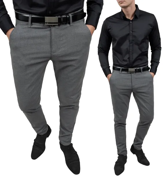 Spodnie Męskie Szare Slim Fit do Garnituru Wesele Eleganckie Wizytowe