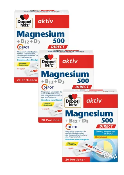3x Doppelherz® aktiv Magnez 500 + wit. B12 + D3, 3x20 saszetek ZESTAW