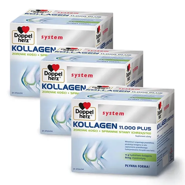 3x Doppelherz® system Kollagen 11.000 PLUS, 3x30 ampułek ZESTAW