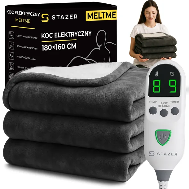 Koc elektryczny podgrzewany mata grzewcza duży gruby 180x160 + pilot timer