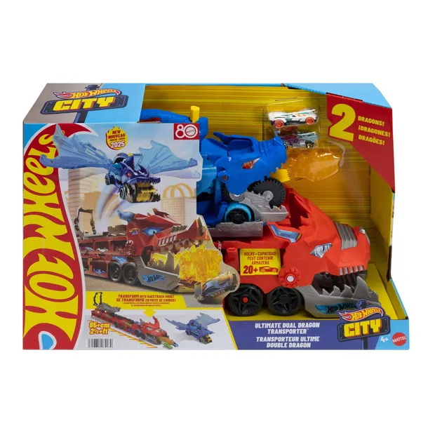 HOT WHEELS CITY ZESTAW 2W1 TRANSPORTER TOR PODWÓJNY SMOK + 2 AUTKA 1:64 4+
