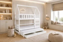Zdjęcie produktu Łóżko piętrowe domek 3 osobowe 180x75 drewniane z materacami szuflady sosna