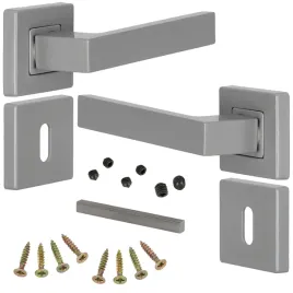 klamka-drzwiowa-kwadratowa-szyld-dzielony-srebrna-aluminium-rozeta-na-klucz