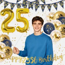 dekoracje-urodzinowe-25-lat-balony-baner-niebieski-zloty