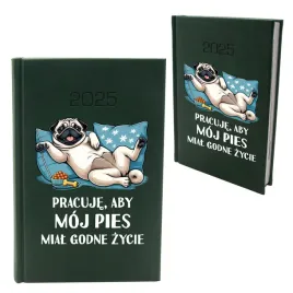 kalendarz-a5-2026-nowosc-zielony-ksiazkowy-smieszny-pies-mops-terminarz