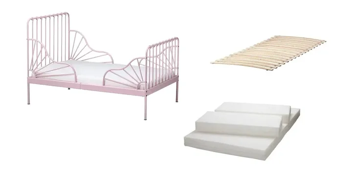 IKEA MINNEN łóżko rosnące RÓŻOWY + materac PLUTTEN