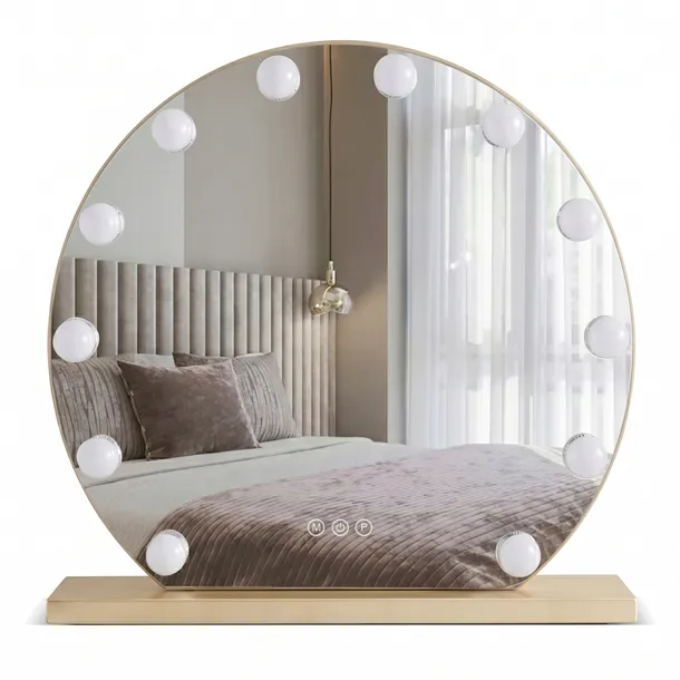 LUSTRO HOLLYWOOD LED OKRĄGŁE GLAMOUR STOJĄCE NA TOALETKĘ L.GOLD REA 50 cm