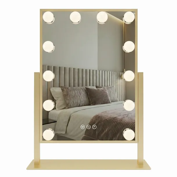 LUSTRO HOLLYWOOD STOJĄCE NA TOALETKĘ ZŁOTE LED REA STYLE L. GOLD 30x40 cm