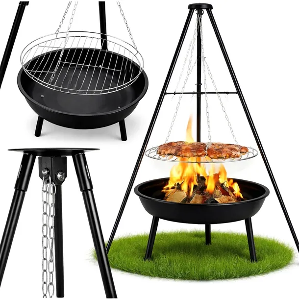 PALENISKO TRÓJNÓG GRILL OGRODOWY OGNISKOWY WISZĄCY DUŻY RUSZT CHROMOWANY 50