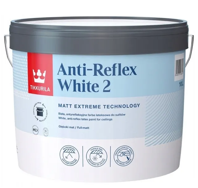 TIKKURILA ANTI-REFLEX WHITE 2 10L MATOWA FARBA LATEKSOWA BIAŁY DO SUFITÓW