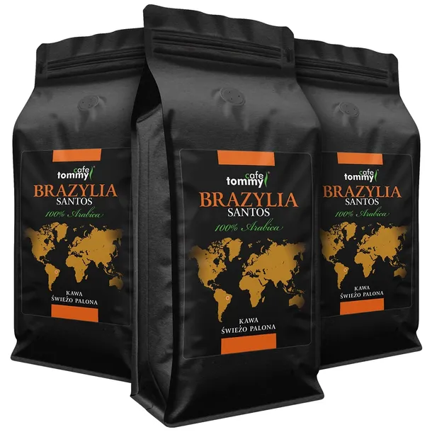 KAWA ZIARNISTA BRAZYLIA SANTOS 1kg x3 ŚWIEŻO PALONA 100% ARABICA TOMMY CAFE