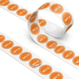 naklejka-nfc-pomaranczowa-z-bialym-napisem-okragla-ntag213-o25-mm-50-szt
