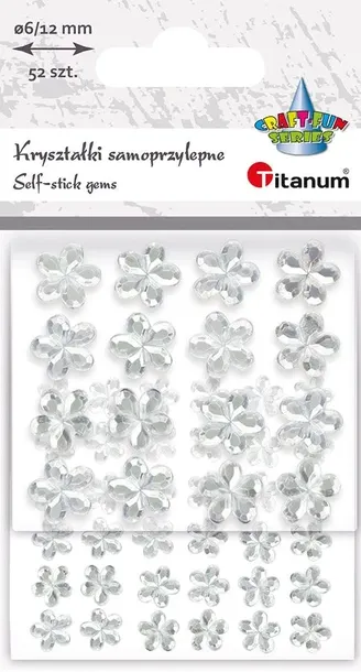 Kryształki Titanum samoprzylepne, kwiatki, 52 szt. srebrne, 12 mm i 6 mm