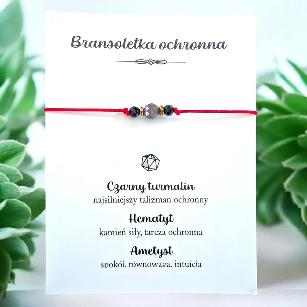 Bransoletka ochronna czerwona czarny turmalin ametyst talizman na szczęście