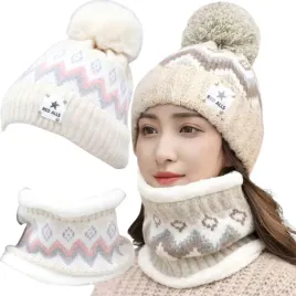 czapka-damska-komin-komplet-dwuwarstwowy-zimowa-ciepla-pompon-52-58-bezowy