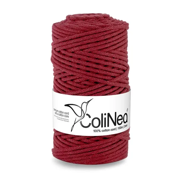 Sznurek do makramy 3 mm pleciony 100% bawełniany 100 m bordowy ColiNea