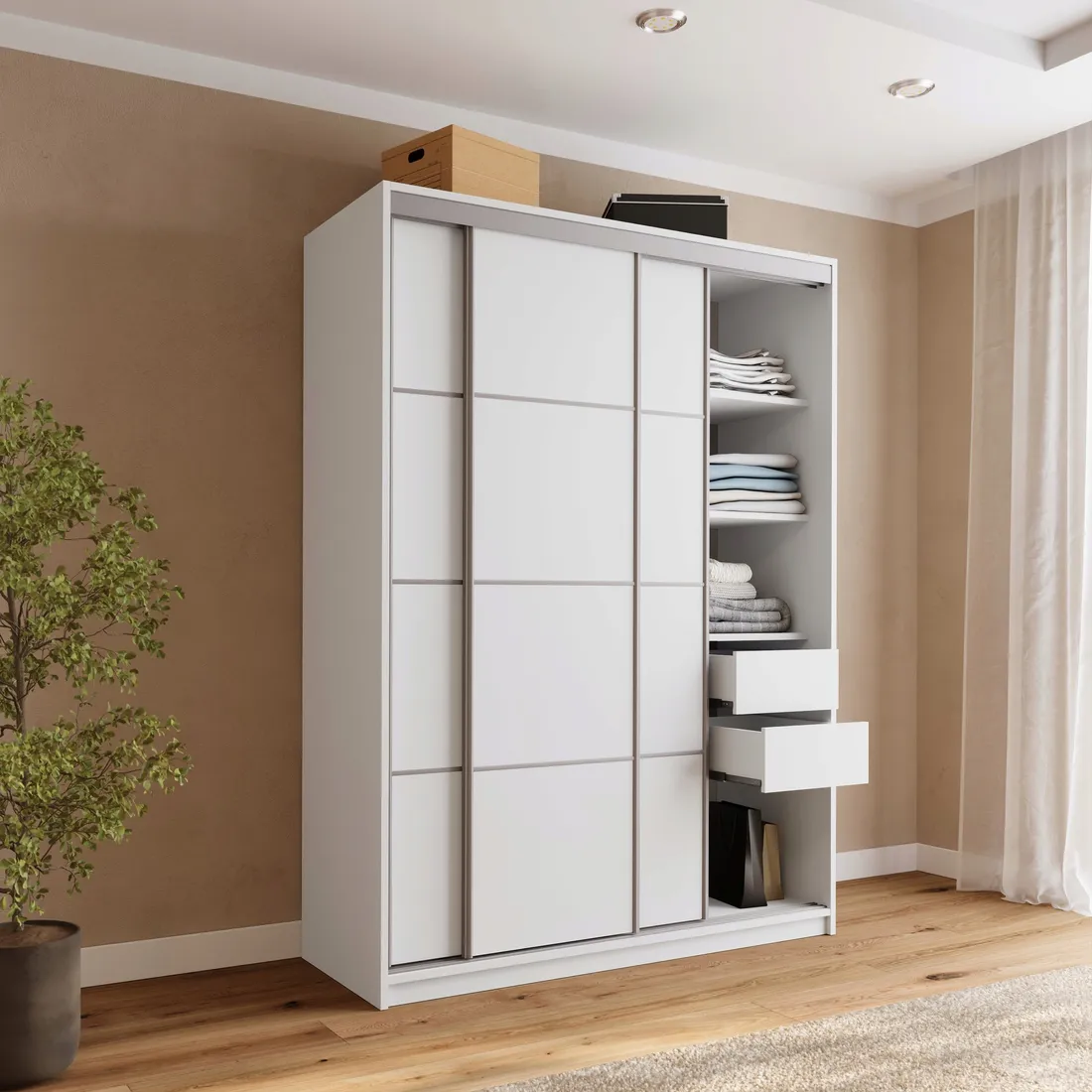 biala-szafa-przesuwna-150-cm-top-z-szufladami-drazki-polki