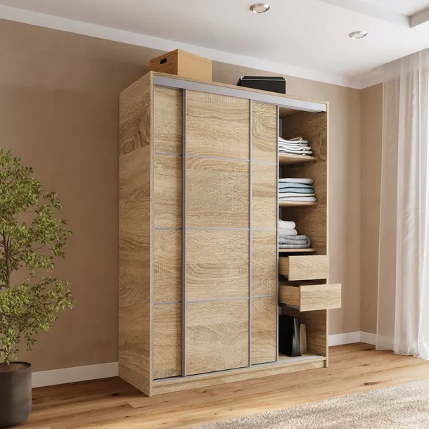 biala-szafa-przesuwna-150-cm-top-z-szufladami-drazki-polki-glebokosc-mebla-56-cm