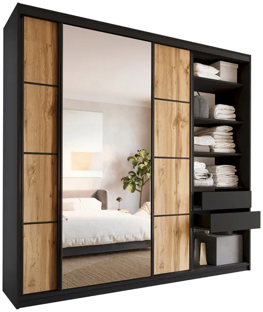 Szafa przesuwna z lustrem 250 cm LOFT MAX z półkami szuflady drążki