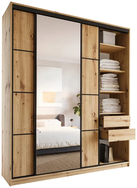 Szafa przesuwna z lustrem 200 cm LOFT MAX z półkami szuflady drążki