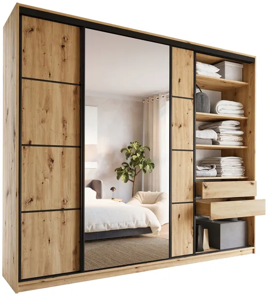 Szafa przesuwna z lustrem 280 cm LOFT MAX z półkami szuflady drążki