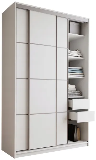 Biała szafa przesuwna 150 cm TOP MAX z półkami drążek szuflady
