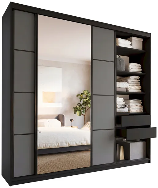 Szafa przesuwna z lustrem 250 cm LOFT MAX z półkami szuflady drążki grafit