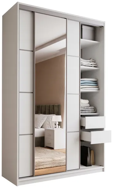 Biała szafa przesuwna z lustrem 150 cm TOP MAX z półkami drążek szuflady