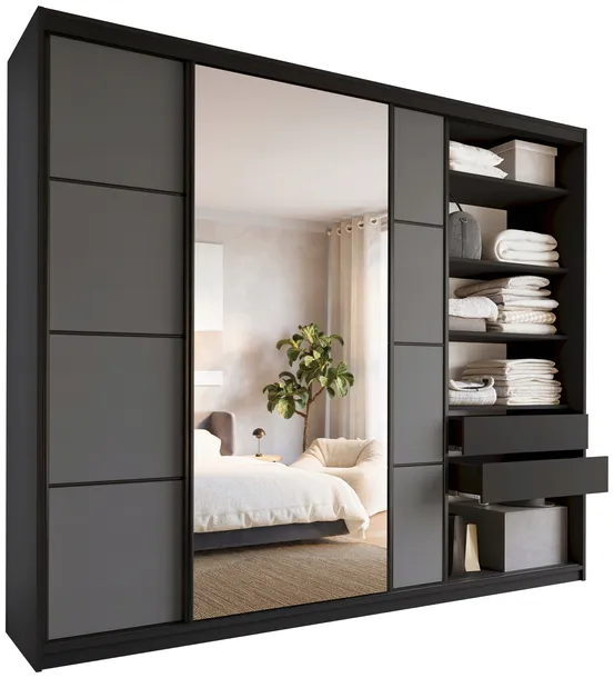 Szafa przesuwna z lustrem 280 cm LOFT z półkami szuflady drążki