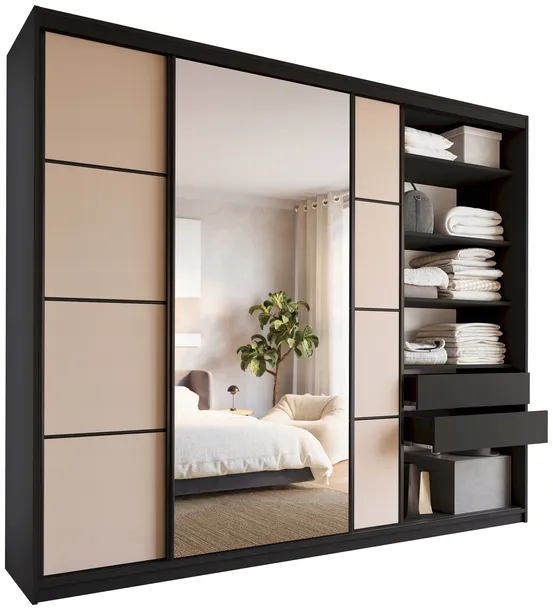 Szafa przesuwna z lustrem 280 cm LOFT MAX z półkami szuflady drążki kaszmir
