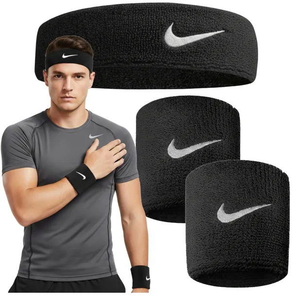Oryginalny Komplet NIKE opaska czoło + frotki 2 szt. nadgarstki do biegania
