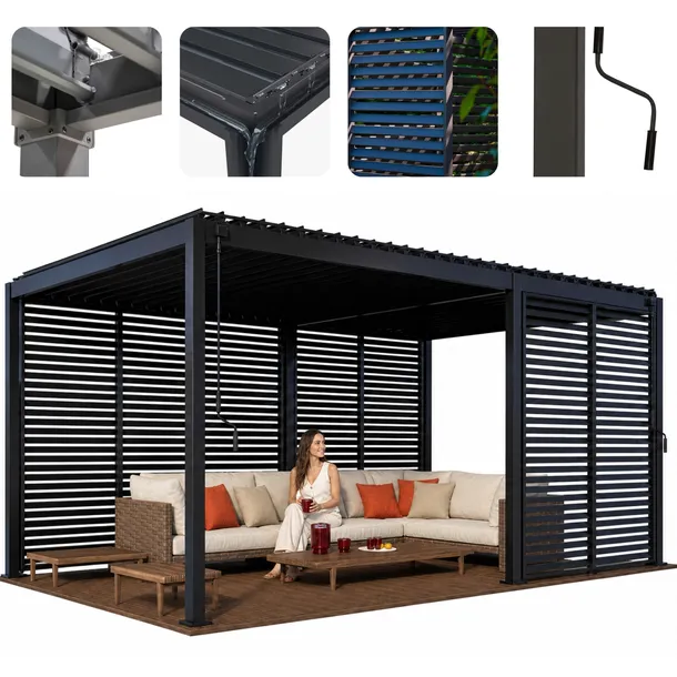 Pergola Tarasowa 3x5 m Antracyt Zabudowane Ścianki Lamele SOLID 80 BIO