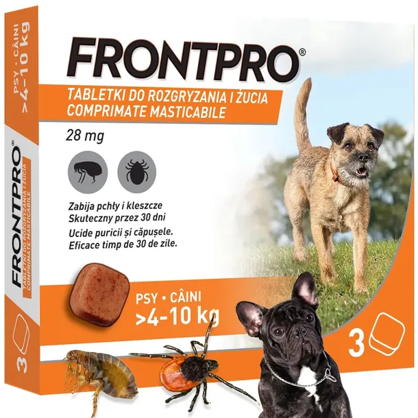 FRONTPRO tabletki 3 sztuki na KLESZCZE PCHŁY dla PSA 4-10 kg na 90 dni