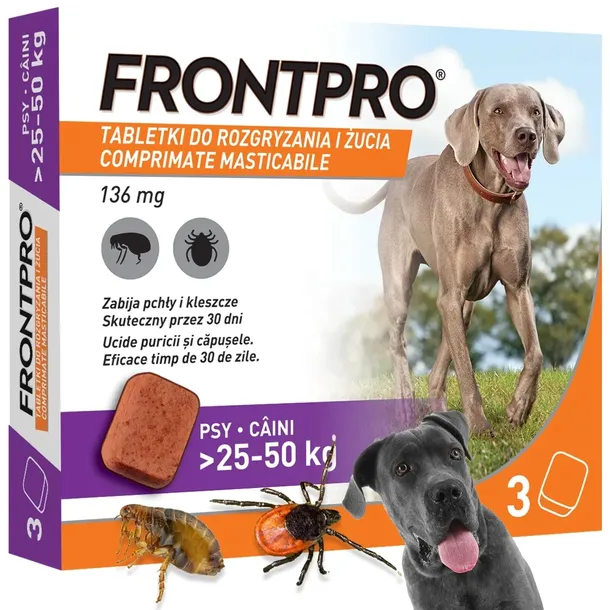 FRONTPRO tabletki 3 sztuki na KLESZCZE PCHŁY dla PSA 25-50 kg na 90 dni