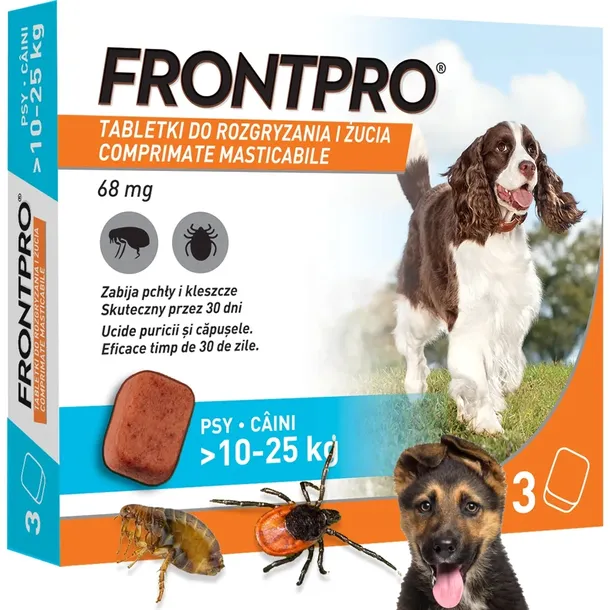 FRONTPRO tabletki 3 sztuki na KLESZCZE PCHŁY dla PSA 10-25 kg na 90 dni