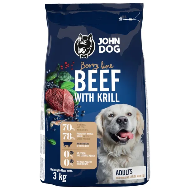 John Dog Berry Adult Wołowina z Krylem 3kg Karma Sucha Dla Psów Średnich i