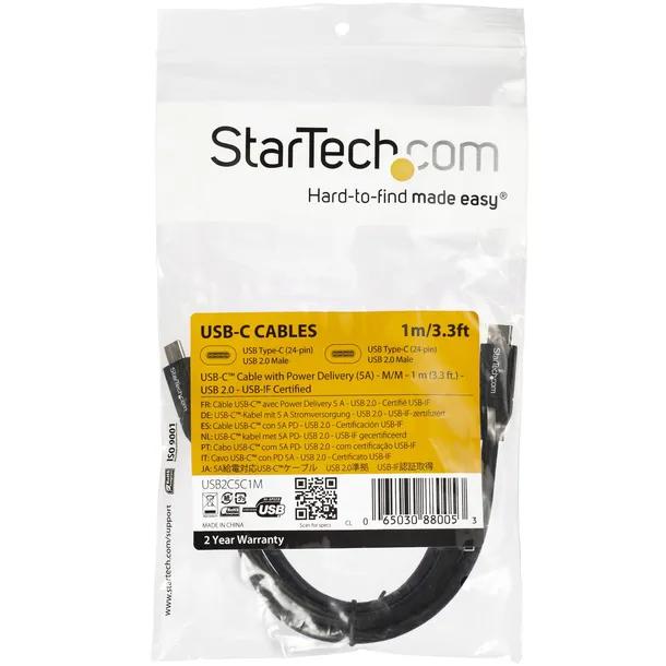 startech-com-usb2c5c1m-kabel-usb-1-m-usb-c-meska-czarny-waga-z-opakowaniem-0-045-kg