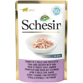 schesir-karma-dla-kota-tunczyk-z-kurczakiem-i-szynka-w-galaretce-50g