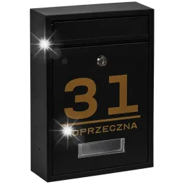 skrzynka-pocztowa-na-listy-czarna-wzor-zloty-napis-skrzynka-z-napisem