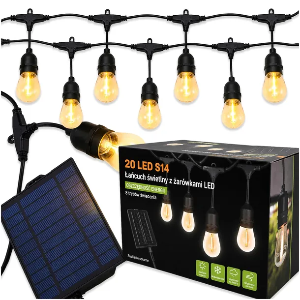 GIRLANDA OGRODOWA SOLARNA ZEWNĘTRZNA 20m 20X ŻARÓWKA LED NA TARAS BALKON