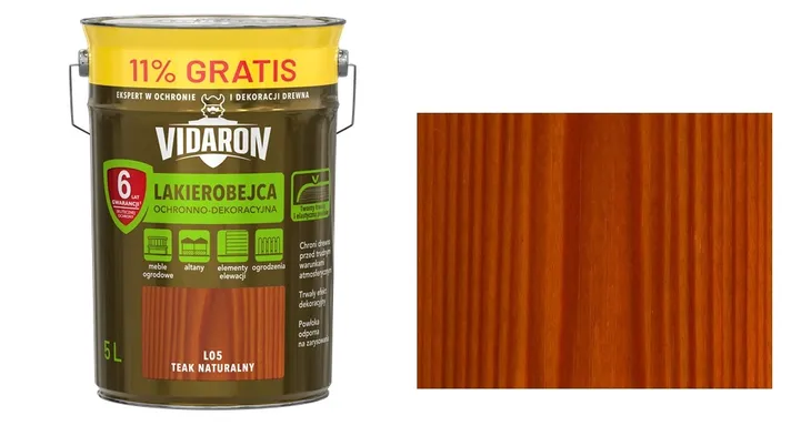 VIDARON LAKIEROBEJCA DO DREWNA - L05 TEAK NATURALNY 5L - (4,5L +11%) POŁYSK