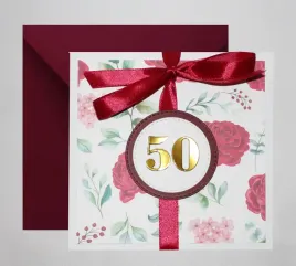 kartka-na-50-urodziny-czerwona-bordowa-zlota-w-kwiaty-roze