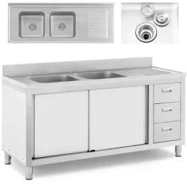 zlew-basen-gastronomiczny-dwukomorowy-z-szafka-z-drzwiami-przesuwnymi-szufladami-stalowy-160-x-60-x-95-cm