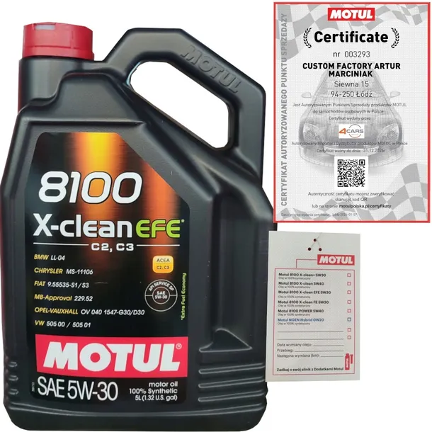 MOTUL 8100 X-CLEAN EFE 5W30 C2/C3 5L BMW LL-04 VW 505 00 + ZAWIESZKA