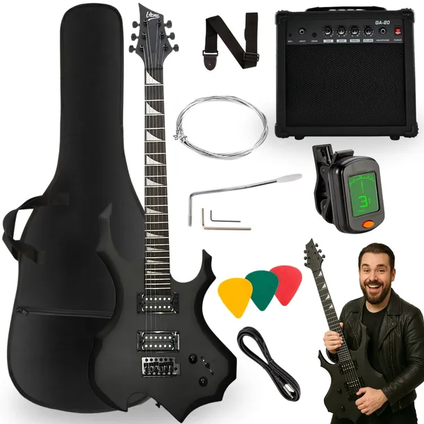GITARA ELEKTRYCZNA 4/4 ZESTAW WZMACNIACZ POKROWIEC TUNER PASEK KOSTKI